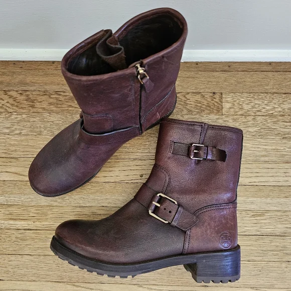 Tory Burch Chrystie genuine leather brown buckle moto boots chunky heel size 8.5 - Picture 2 of 11